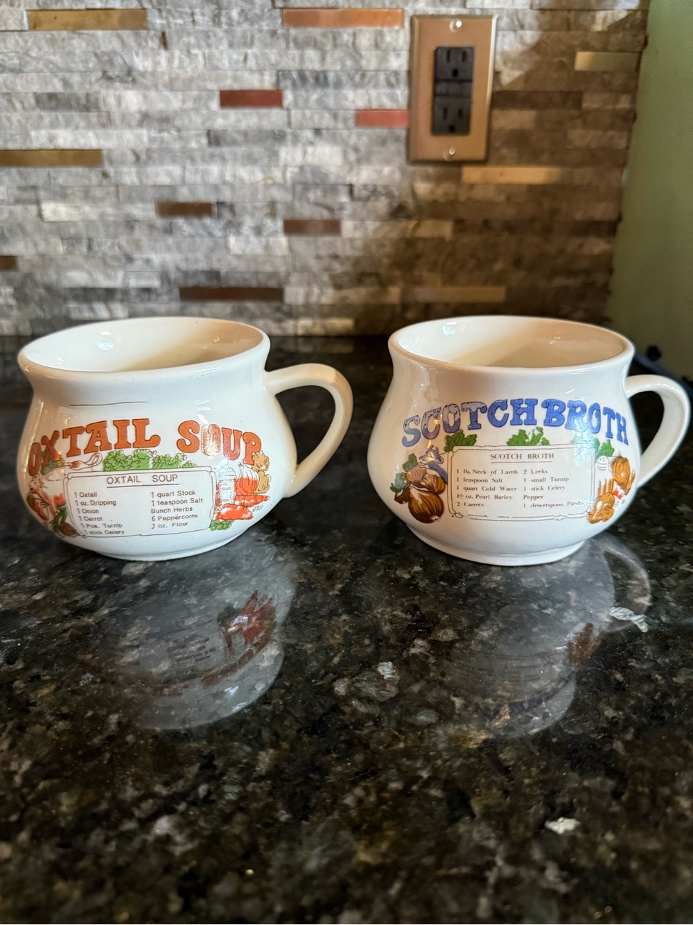 Vintage Oxtail Soup & Scotch Broth Recipe Mugs - Cream Ceramic Set